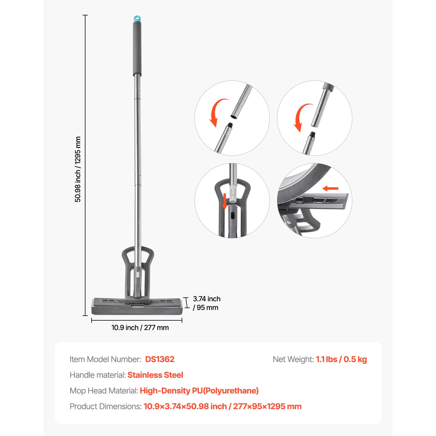 High-Density PU Sponge Mop, Comes With 1 Replacement Head, Easy To Wring, Hook-and-Loop Fastener For Quick Change, Suitable For Cleaning Various Floors_voghion.com